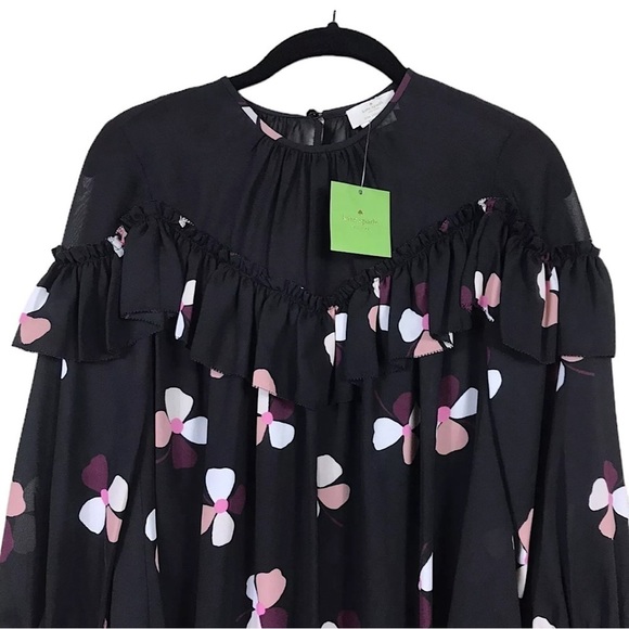NWT Kate Spade Black Floral Glitzy Ritzy Dusk Buds Ruffle Top Size XXS - Picture 6 of 11